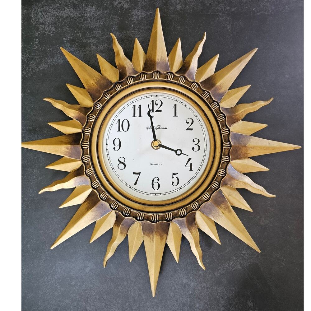 Vtg 1990s Seth Thomas Wooden Sunburst + Moon Clock French Provincial Revival
